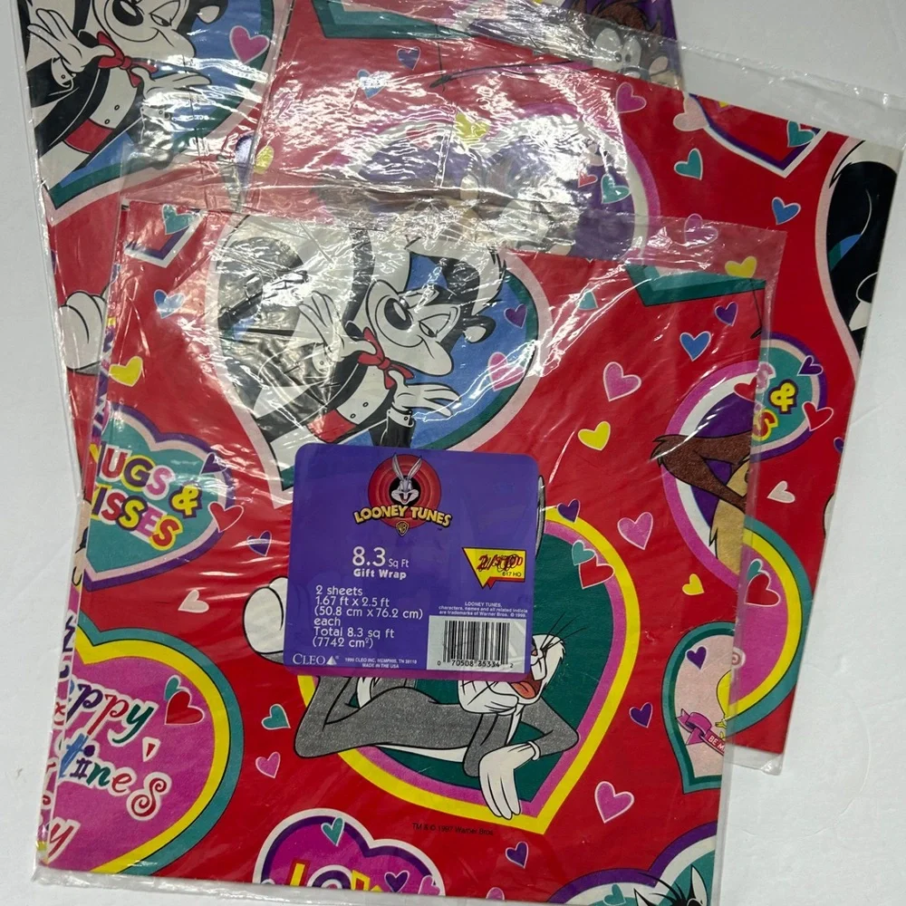 Vintage 90s Gift Wrap Looney Tones Square New Set of 3 Valentine's Day Theme